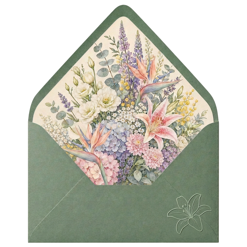 Open wedding envelope with floral liner